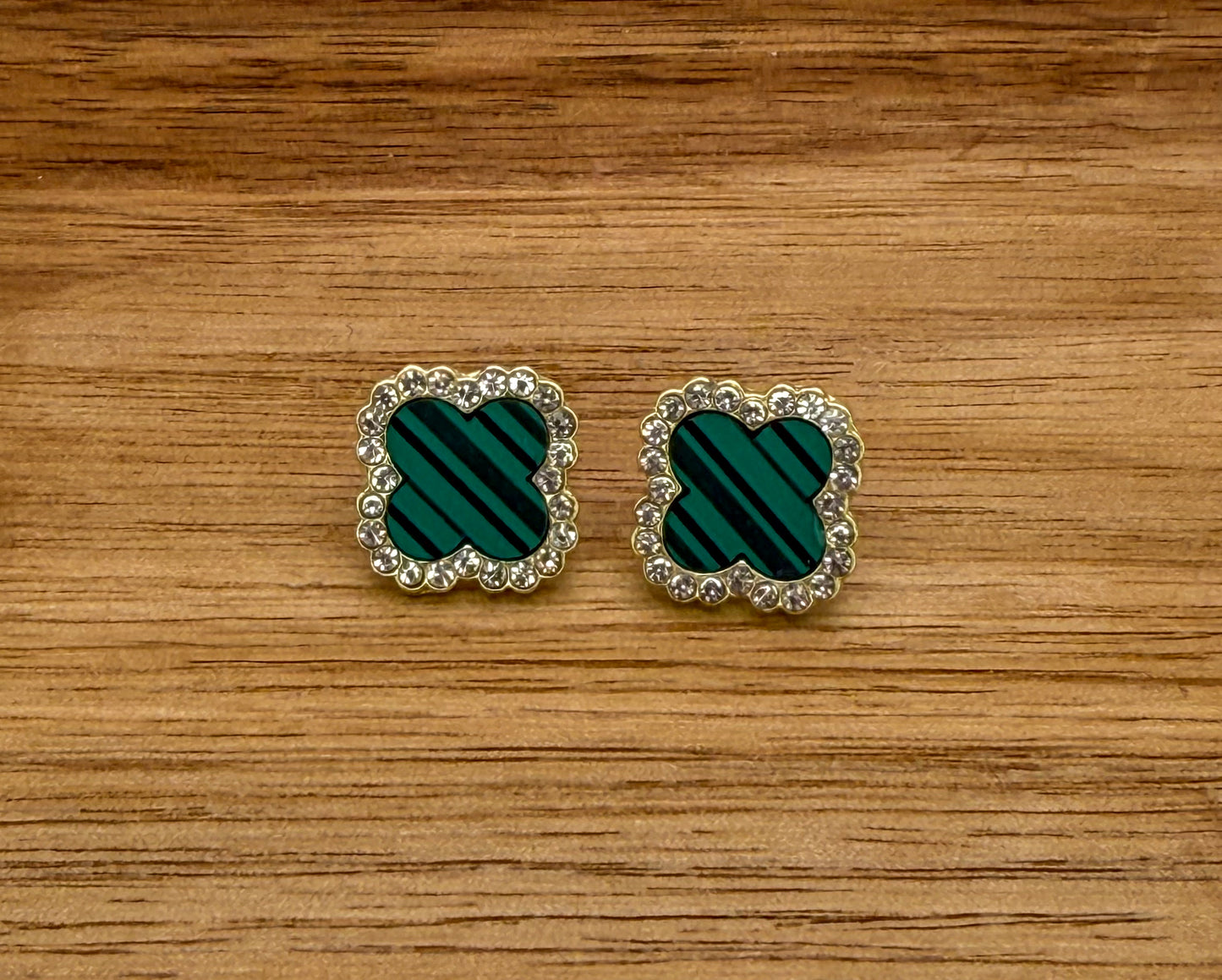 Malachite Green & Gold Clover Stud Earrings