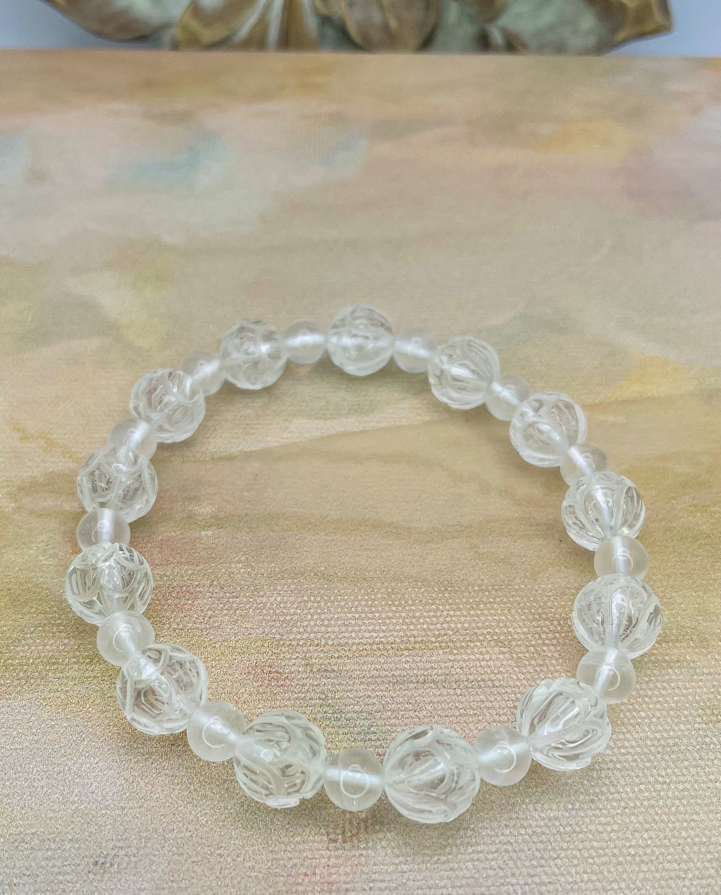 Lotus Craved Natural Clear Quartz Crystal Beaded Bracelet