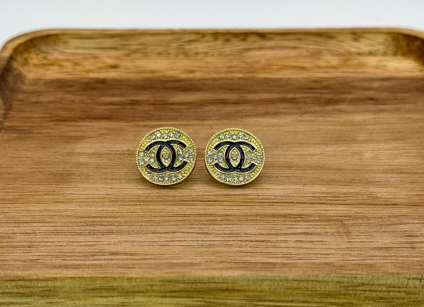 Gold Round CC Stud Earrings