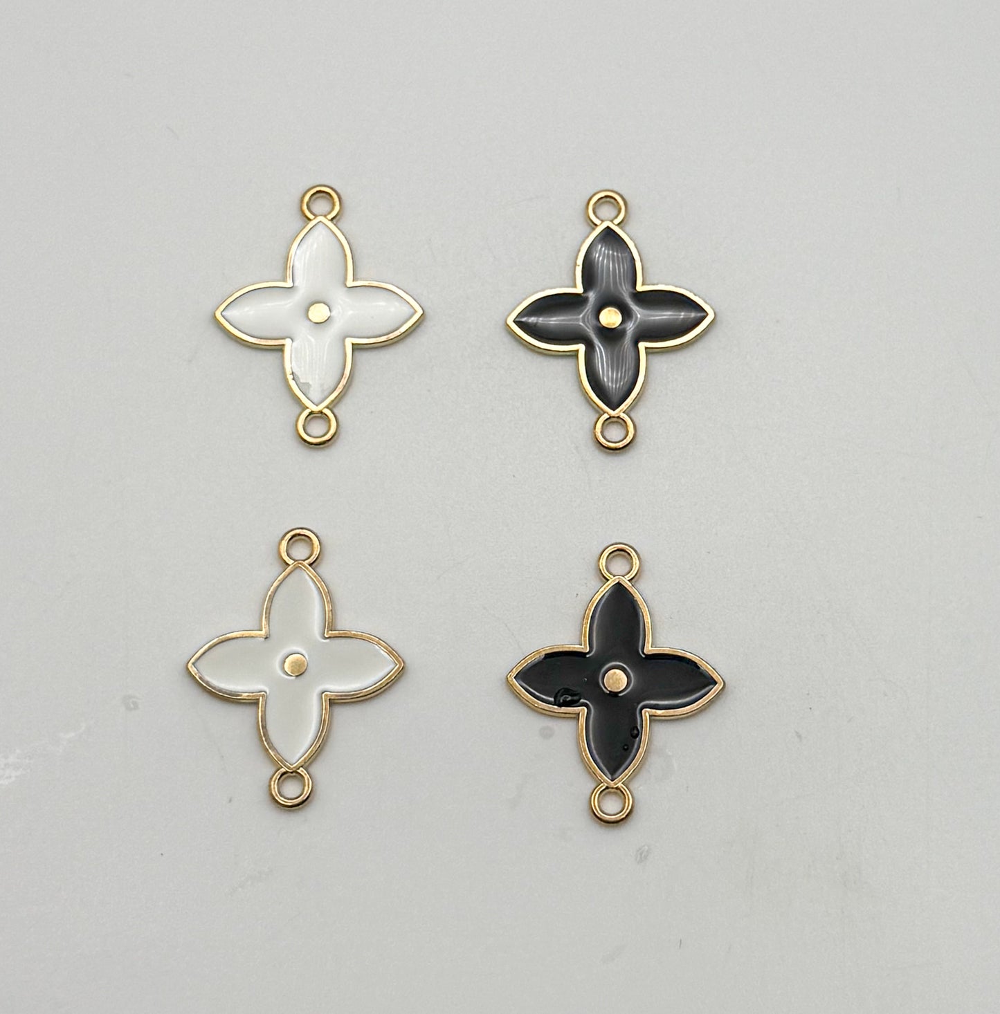 Black & White Enamel Clover Flower DIY Connector Metal Charms