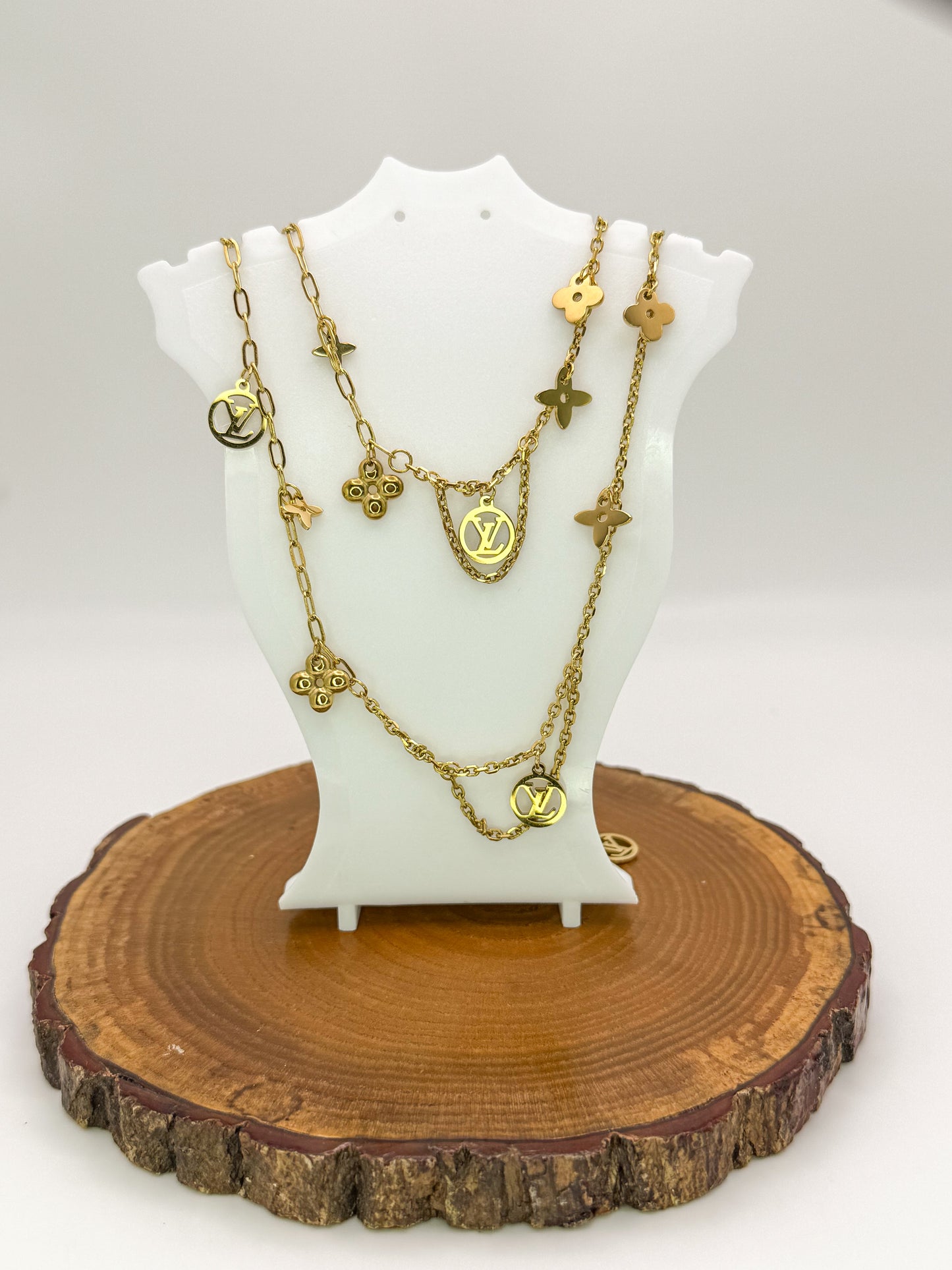Matching LV Designer Logo Gold Stainless Steel Necklace & Bracelet Set