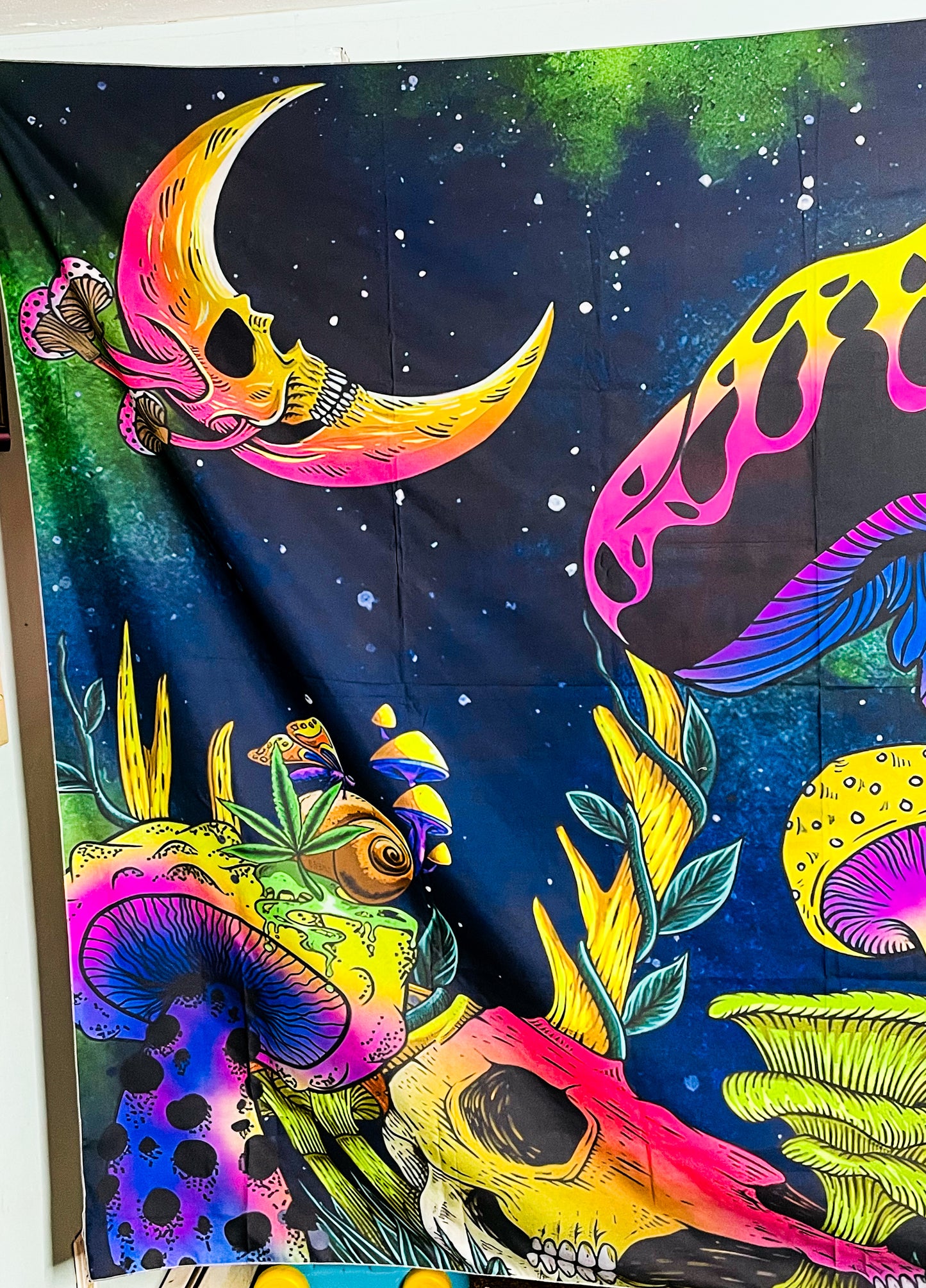 UV Blacklight Reactive Glow in the Dark Fantasy Skull Mushroom Land Tapestry
