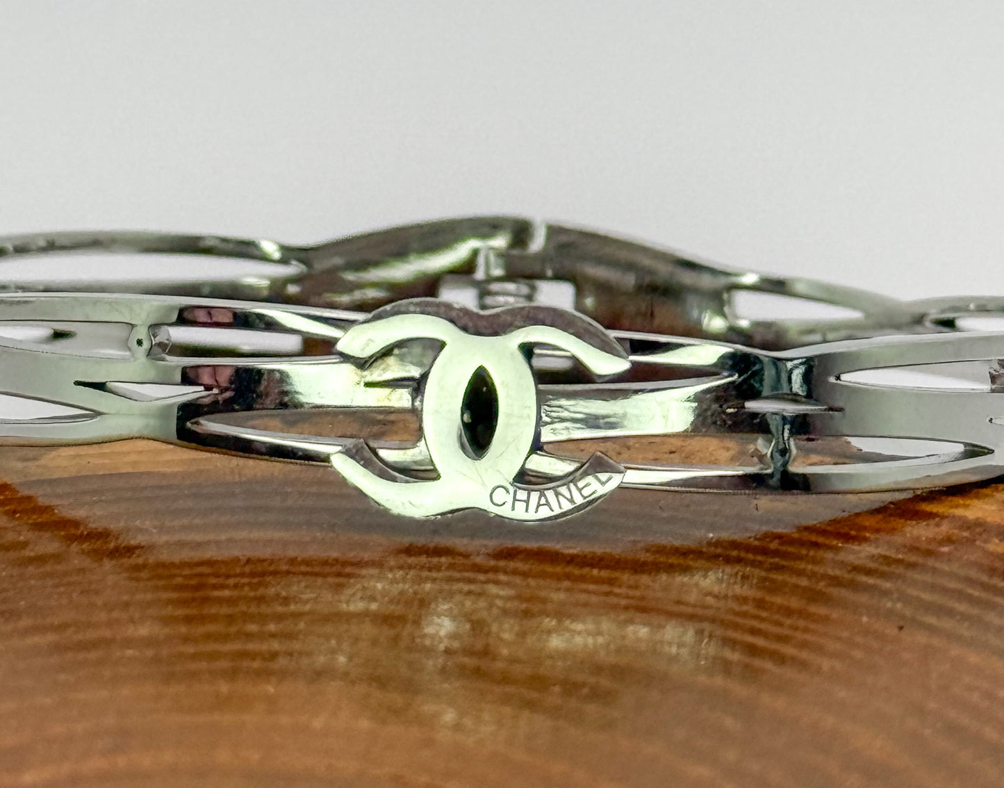 Silver Stainless Steel CC Designer Open Front Bangle Bracelet