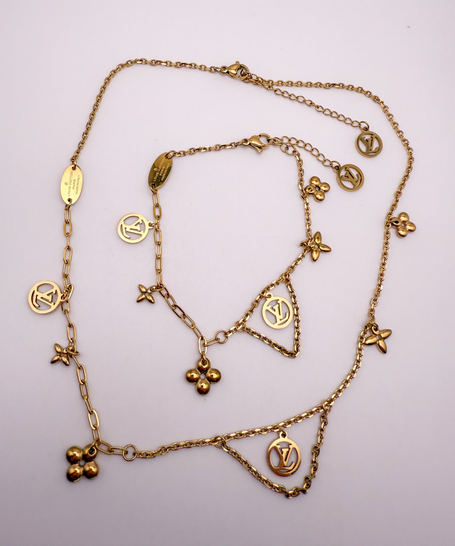 Matching LV Designer Logo Gold Stainless Steel Necklace & Bracelet Set