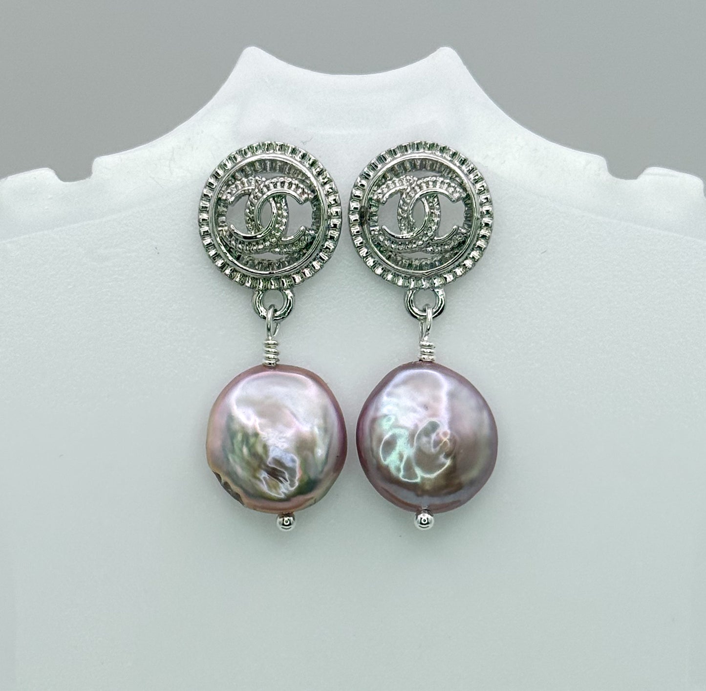 Silver CC Designer Stud Earrings with Dangling Freshwater Pearls