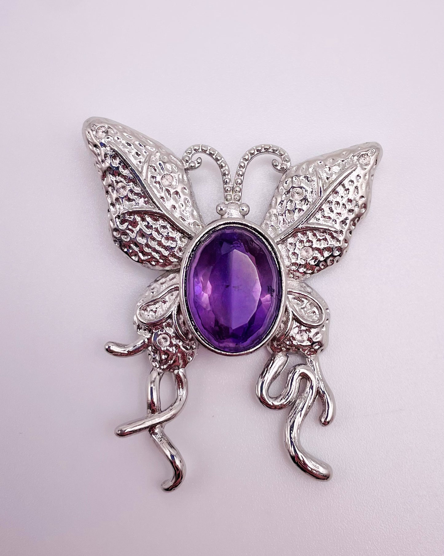 Big Silver Butterfly Amethyst Gem Pendant