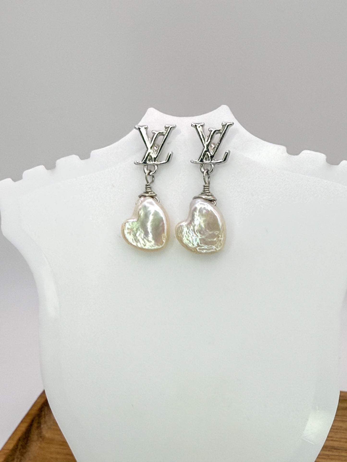 Silver LV Designer Stud Earrings with Heart Shaped Natural Freshwater Pearls