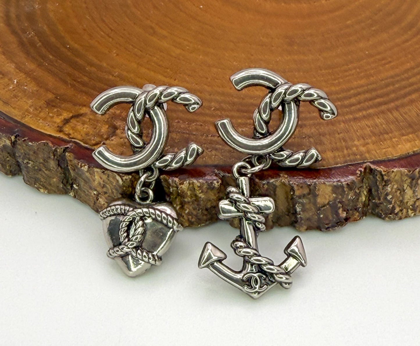 Antique Gold & Silver CC Designer Love & Anchor Stud Dangle Earrings