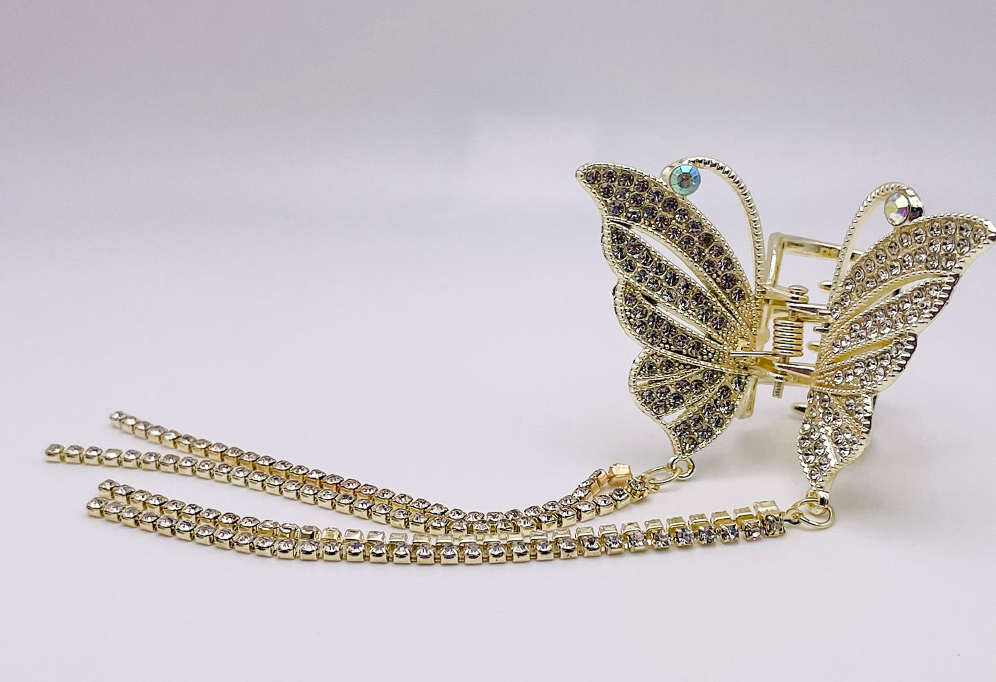 Small Gold Bling Butterfly Hair Clip with Dangling Bling Gold Chain
