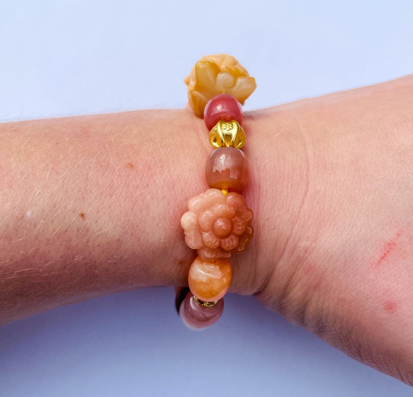 Natural Orange Botswana Agate with Natural Alashan Agate Baby Elephant Crystal Carving Beaded Stretch Adjustable Bracelet