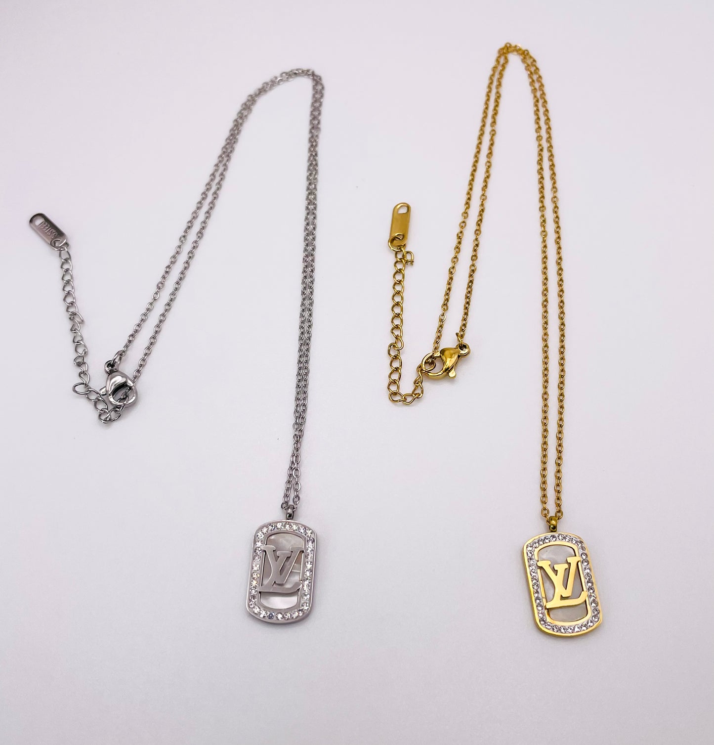 LV Mother of Pearl Rectangle Bling Pendant Stainless Steel Necklace, Gold or Silver
