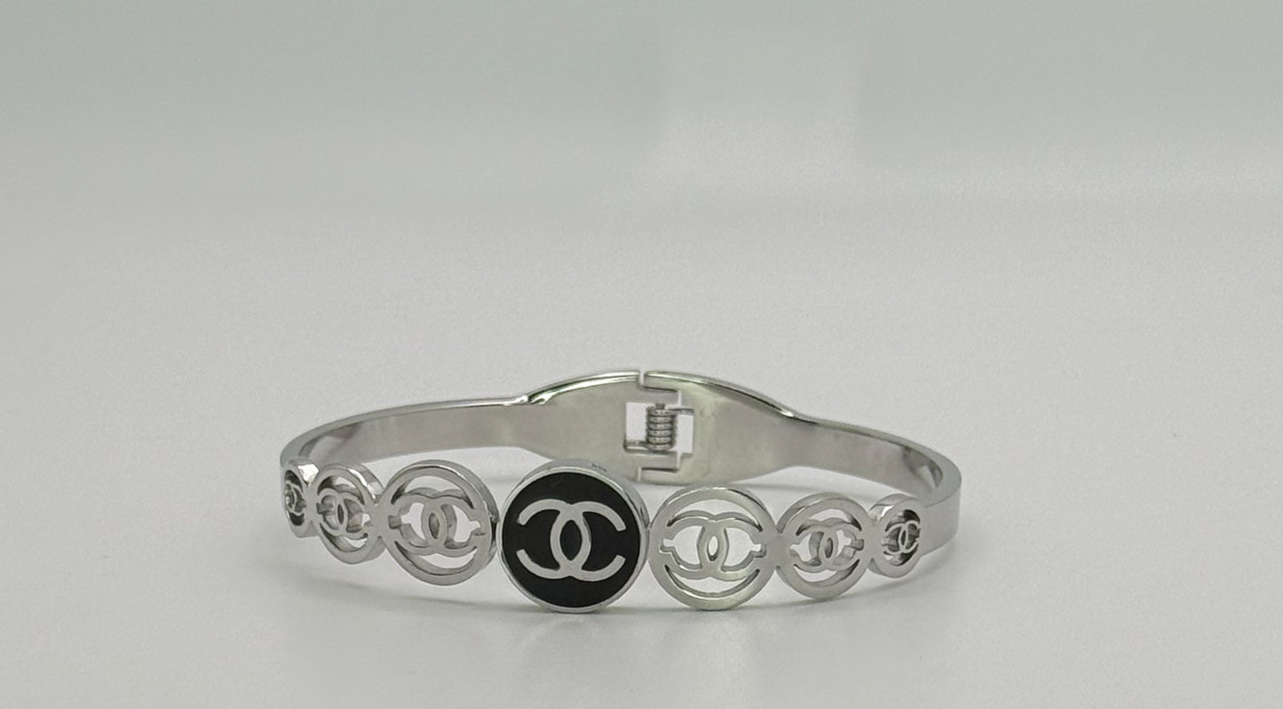 Silver CC Open Front Bangle Bracelet