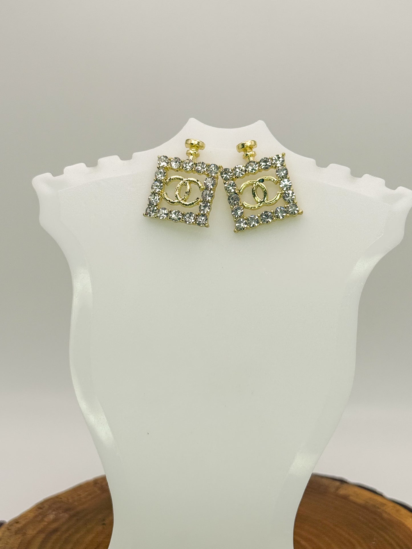 Gold CC Designer Perfume Bottle Stud Earrings