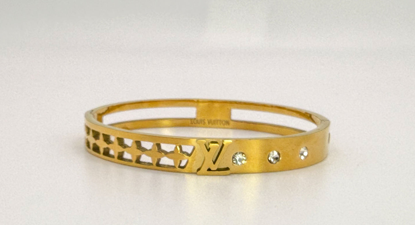 High Quality LV Designer Gold Stainless Bangle Bracelet with Mini Designer Stamp