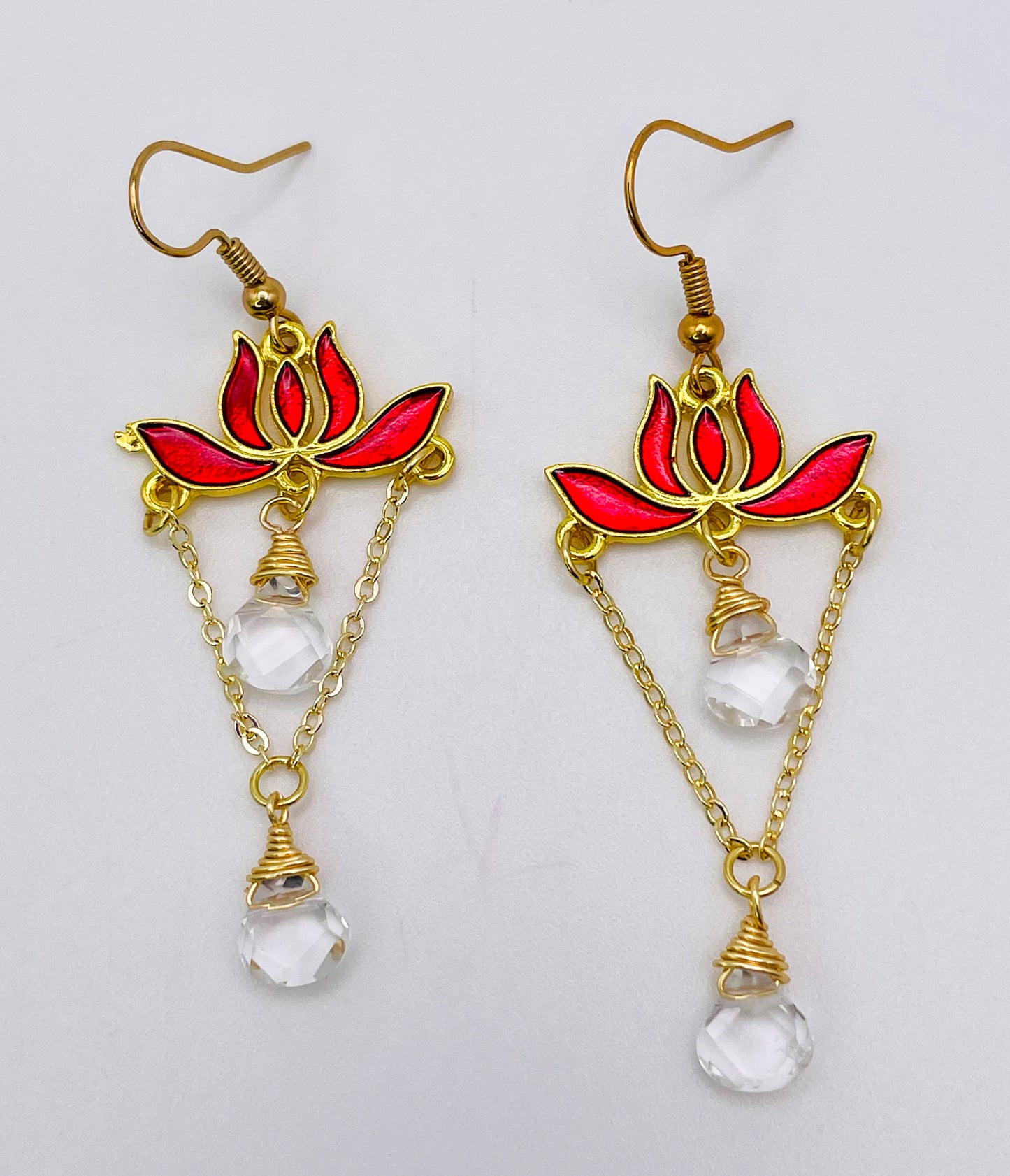 Gold Colorful Lotus Earrings with Natural Crystal Beaded Teardrops