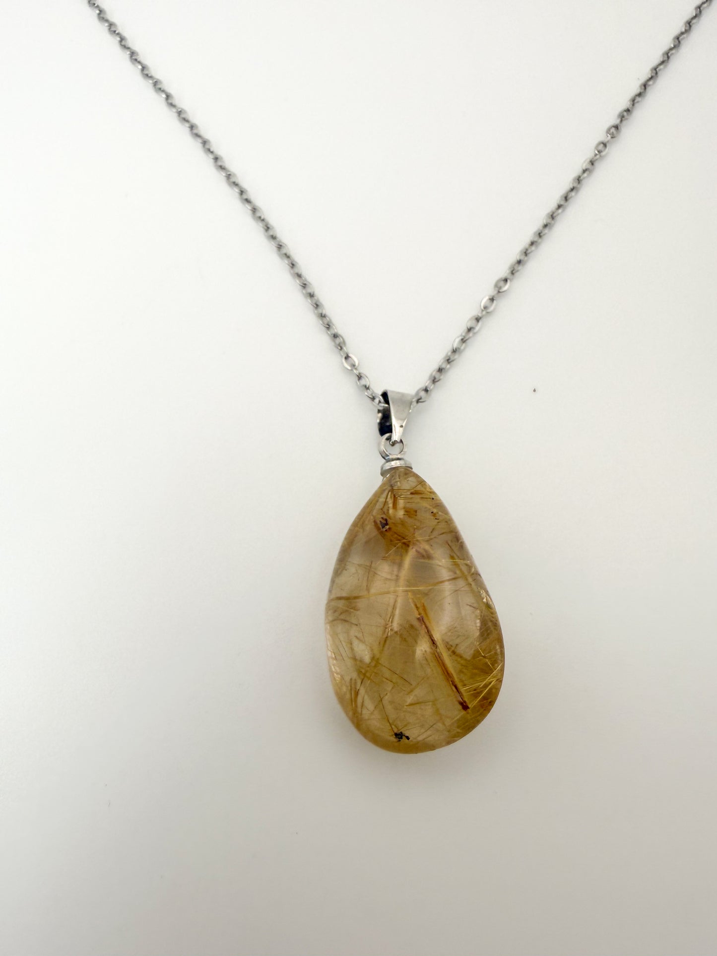 Natural Golden Rutilated Quartz Crystal Teardrop Pendant Stainless Steel Chain Necklace