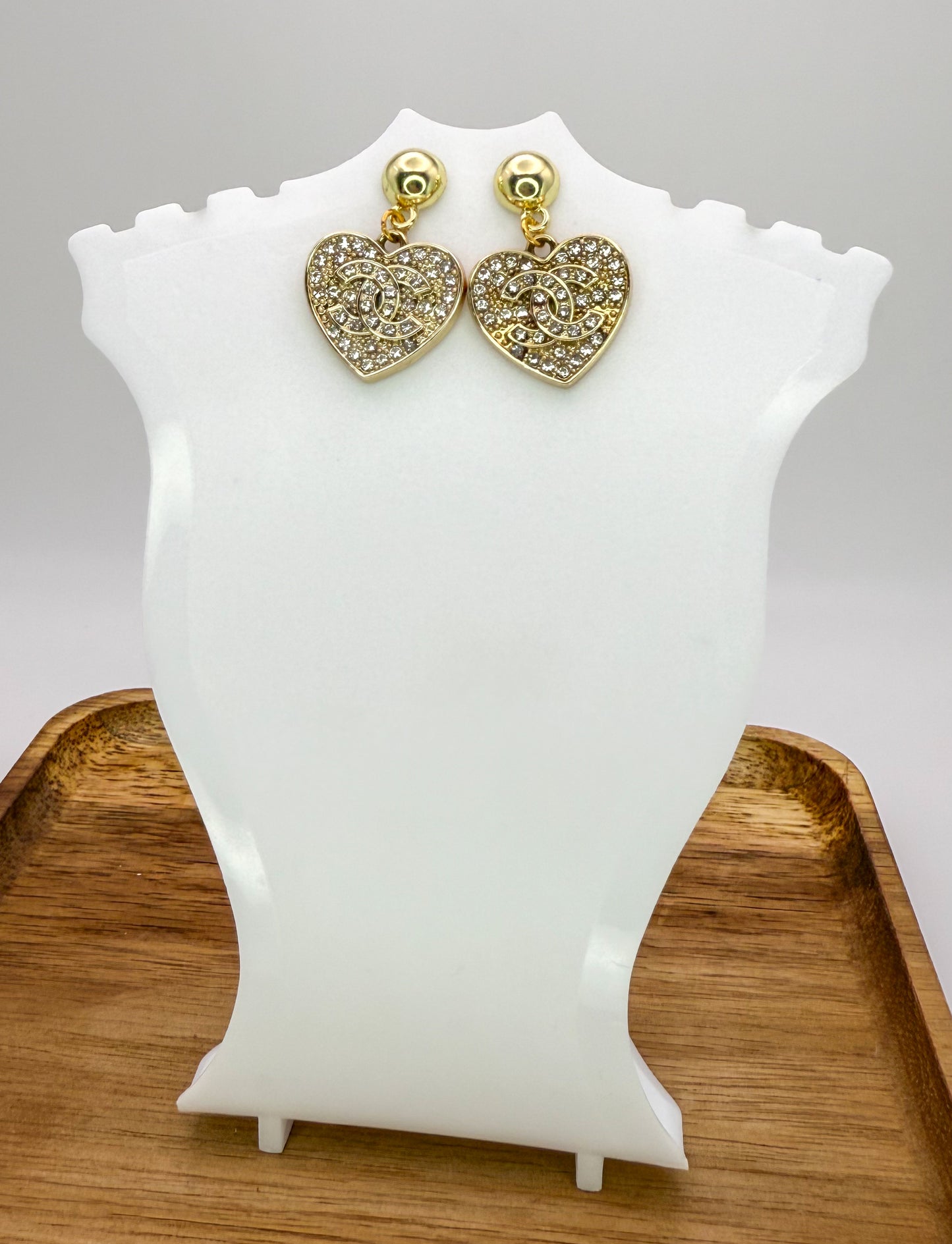 Sparkling CC Gold Heart Dangle Stud Earrings