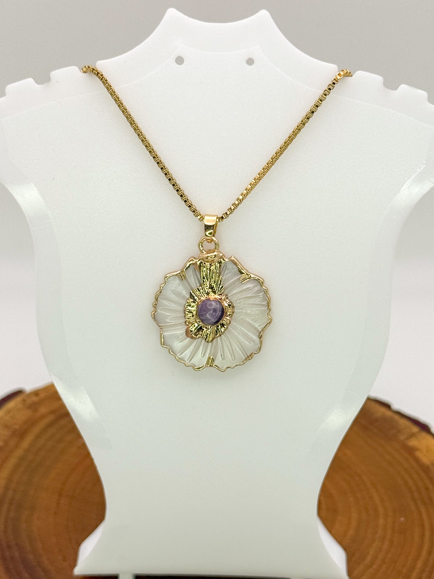 Nature’s Beauty Necklace-Natural Shell with Natural Turquoise Gemstone, Gold Stainless Steel Pendant Necklace
