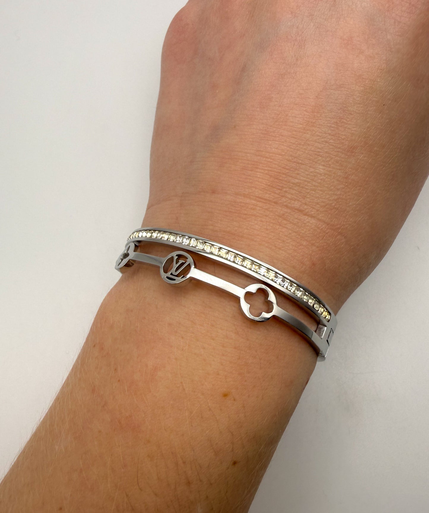 Silver Stainless Steel LV Designer with Rhinestones Bangle Bracelet