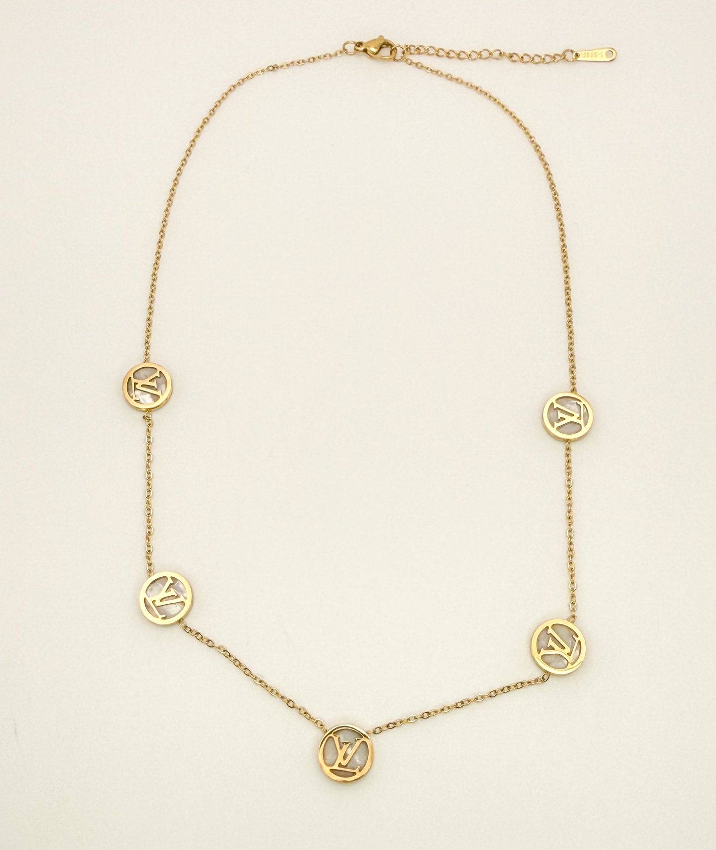 Round LV Designer Gold Stainless Steel Necklace with Mother of Pearl Shell Inclusions