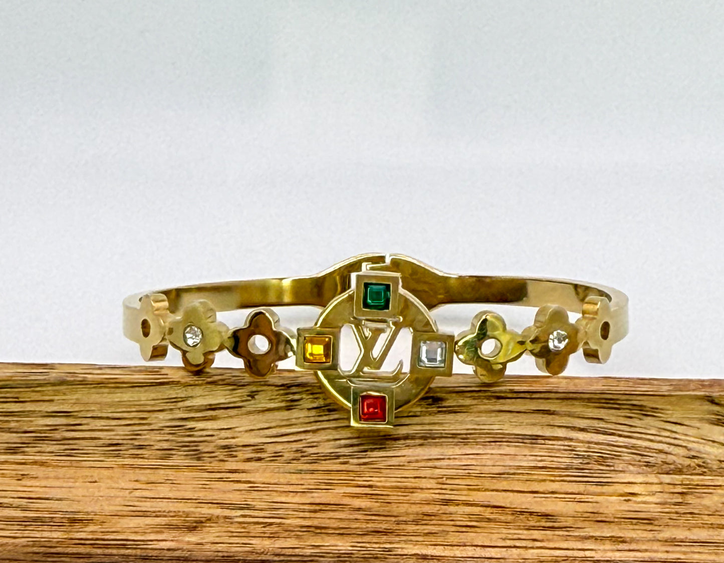 Gold LV Open Front Bangle Bracelet with Colorful Zircon