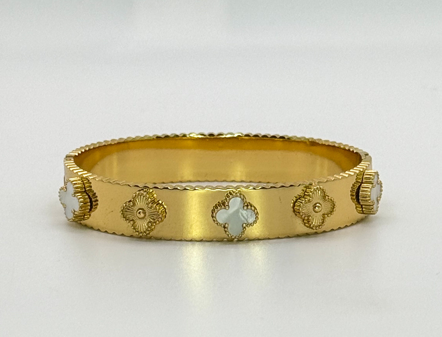 Gold with Mother of Pearl Shell Clover Bangle Bracelet