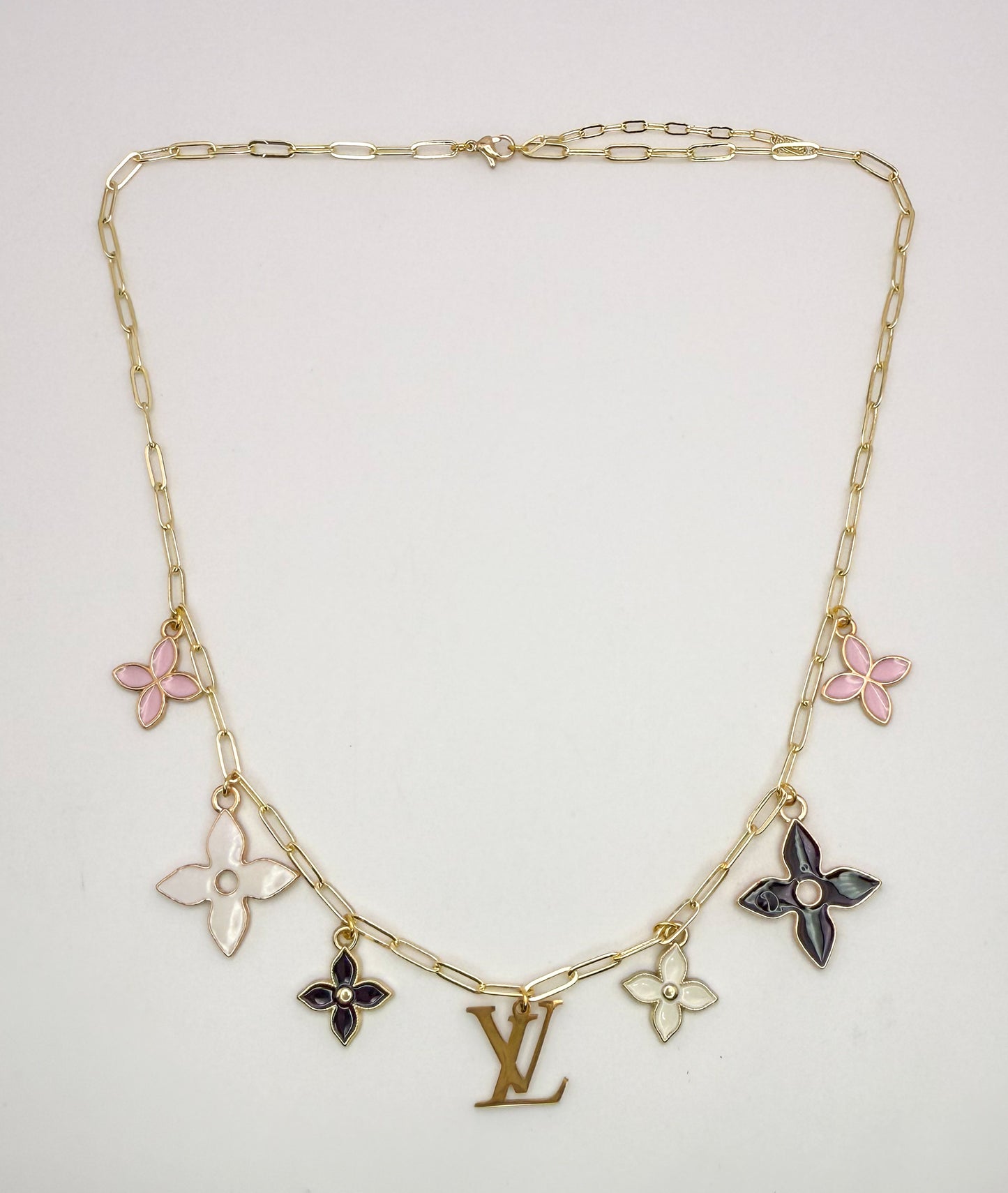 Gold LV Logo Charm Necklace