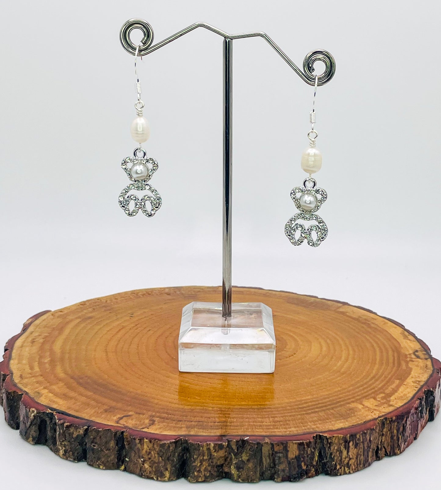 Silver Pearl Teddy Bear Earrings
