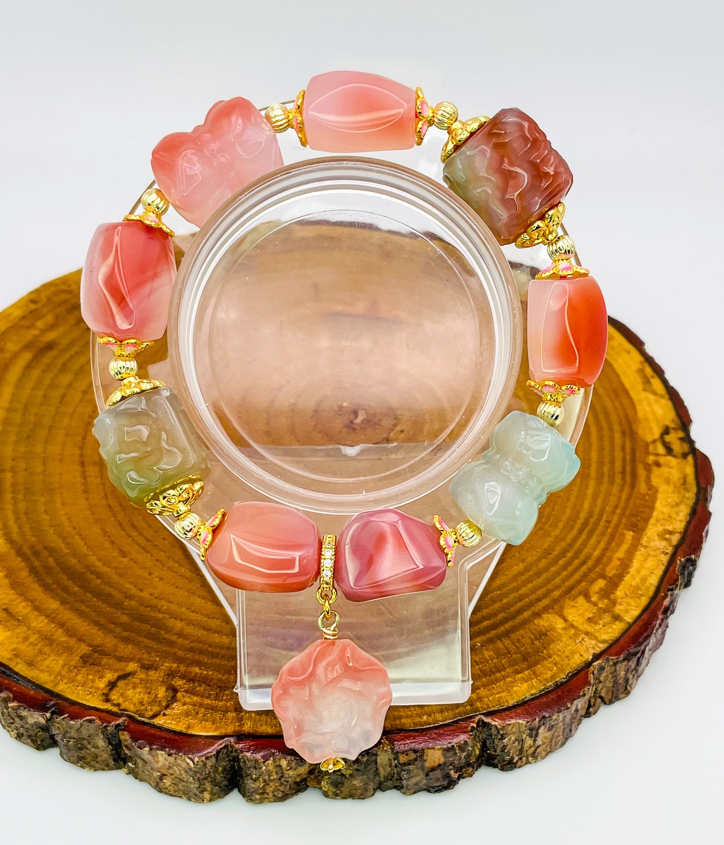 Natural Yanyuan Agate Peony Square Freeform Carving Adjustable Stretch Bracelet