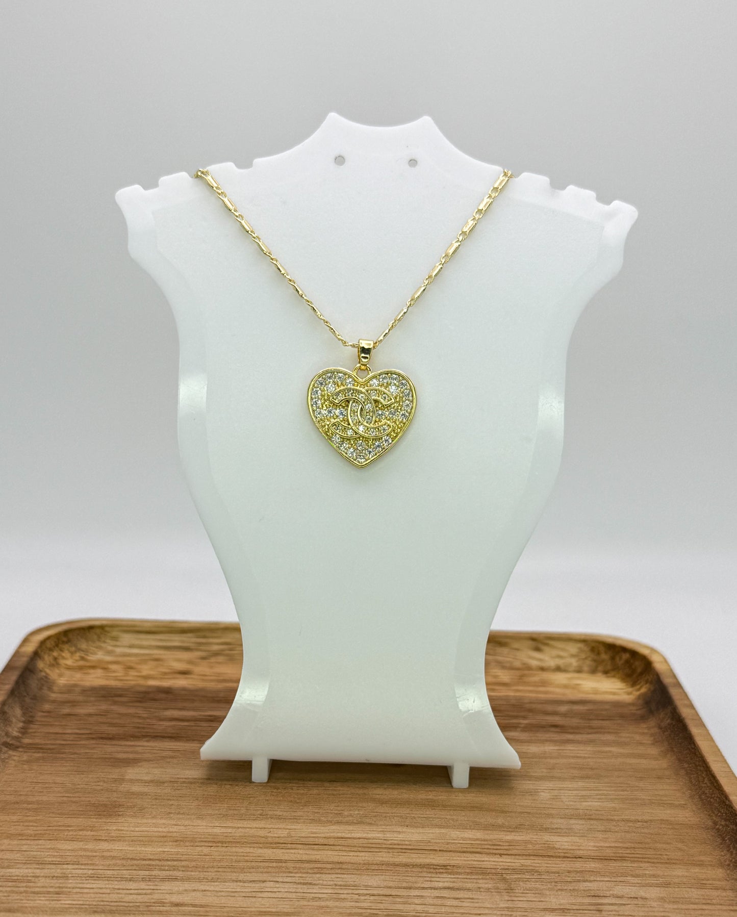 Sparkling Gold CC Heart Pendant on 24k Gold Filled Necklace Chain