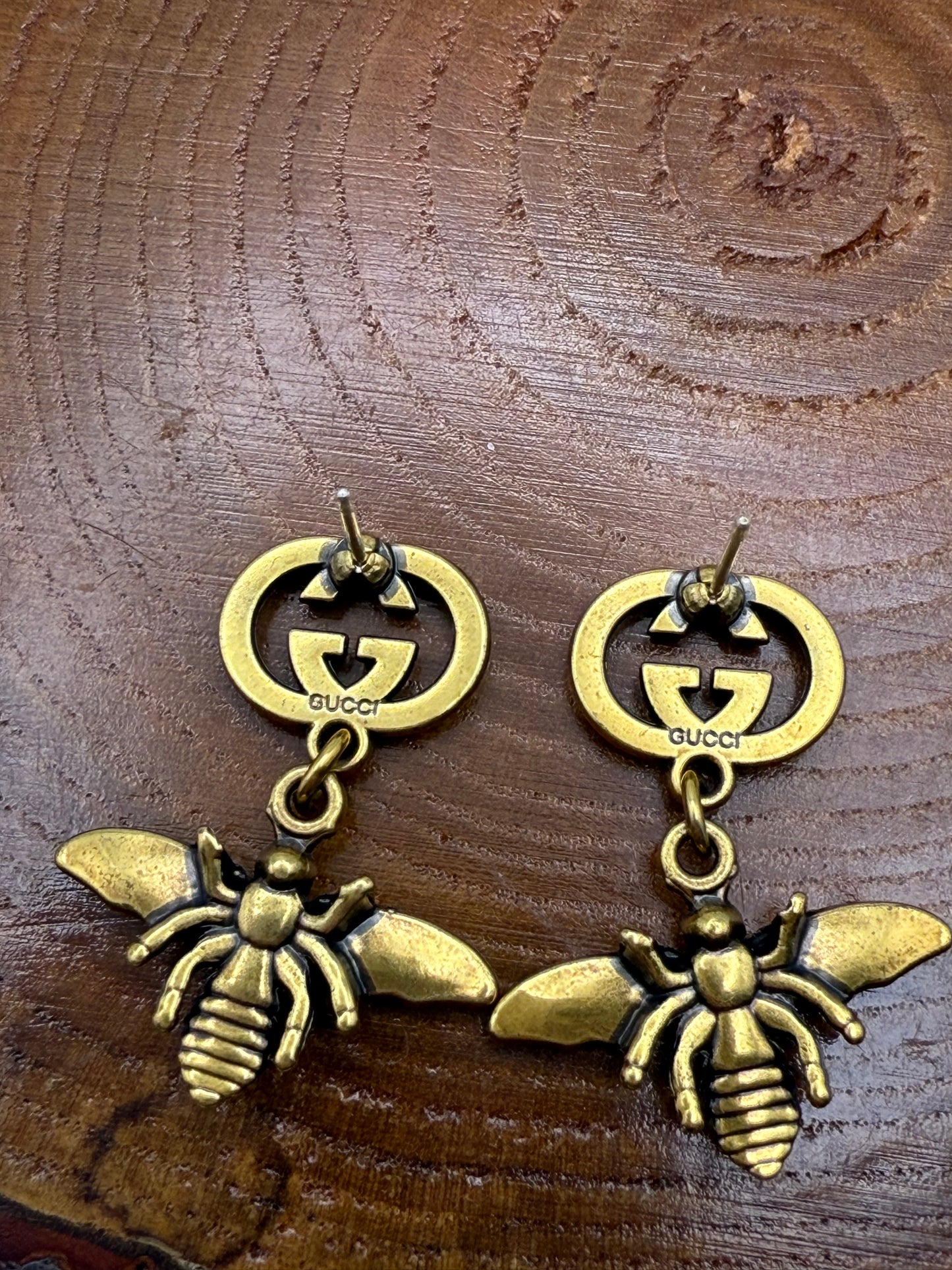 Antique Gold GG Designer Bumble Bee Stud Earrings