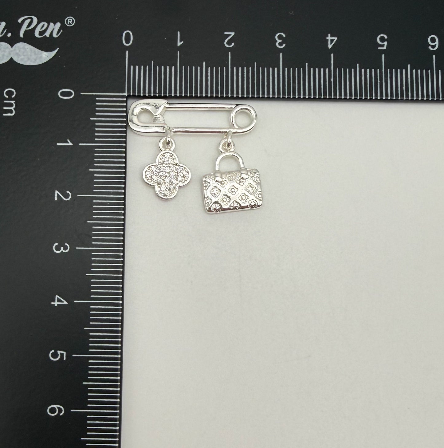 LV Inspired Clover & Purse Silver or Gold Safety Pin Dangle Charm Pendant