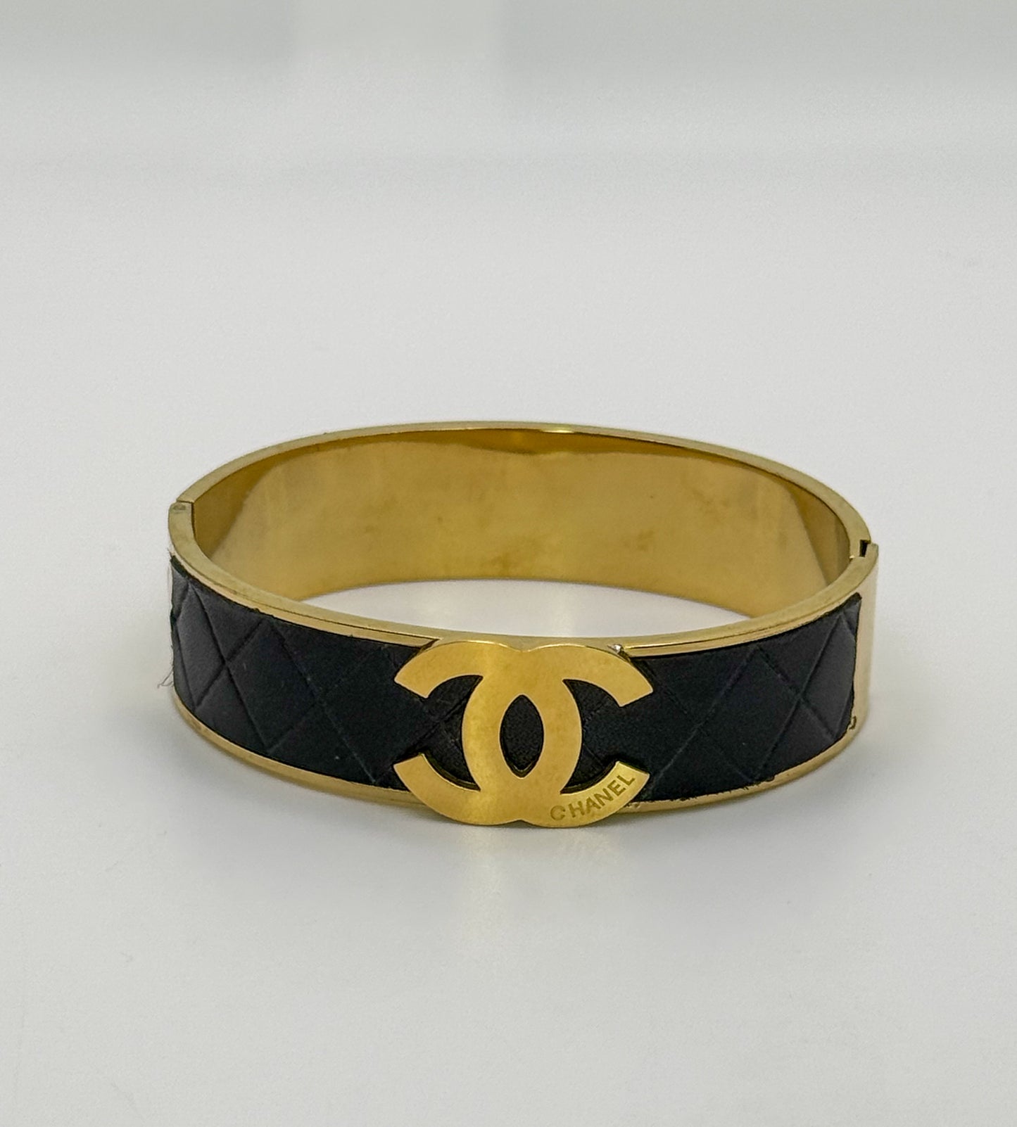 Thick Gold CC Bangle Bracelet with Leather Wrap