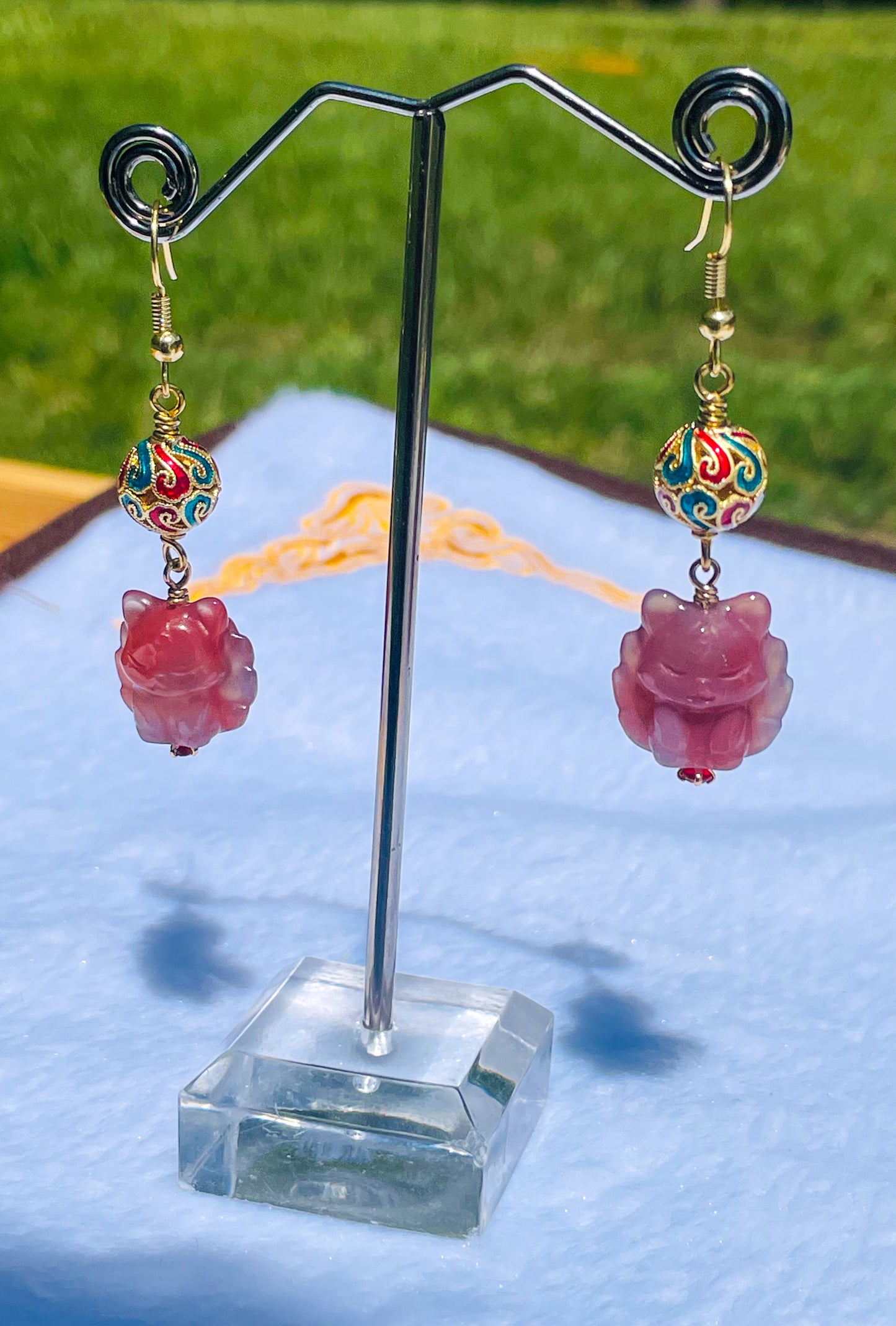 Natural Yanyuan Agate 9 Tail Fox Carving Gold S925 Earrings