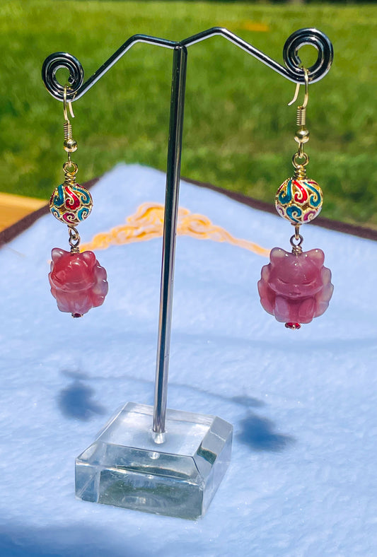 Natural Yanyuan Agate 9 Tail Fox Carving Gold S925 Earrings