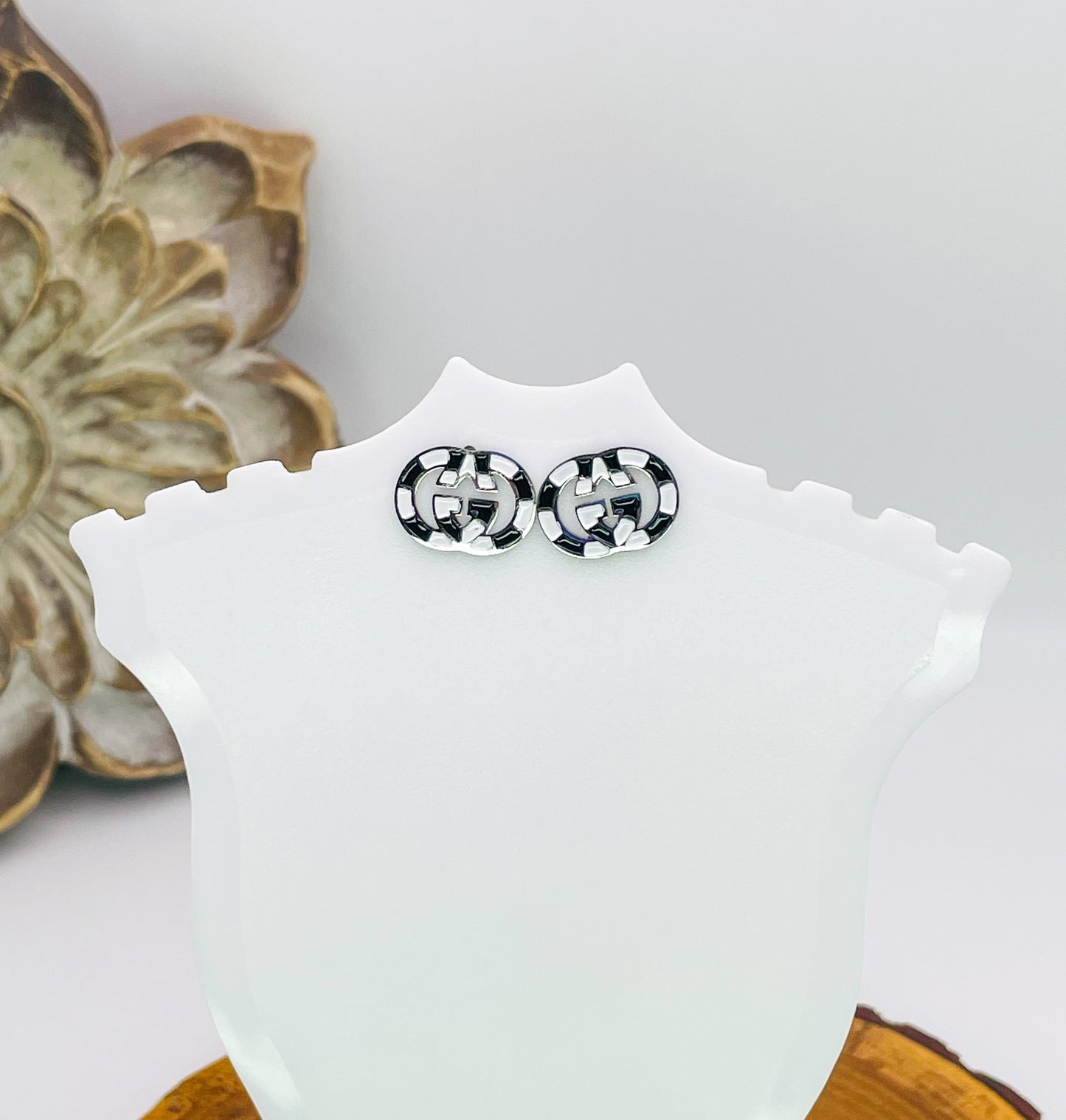 Gucci GG Logo Black & White Silver Stud Earrings
