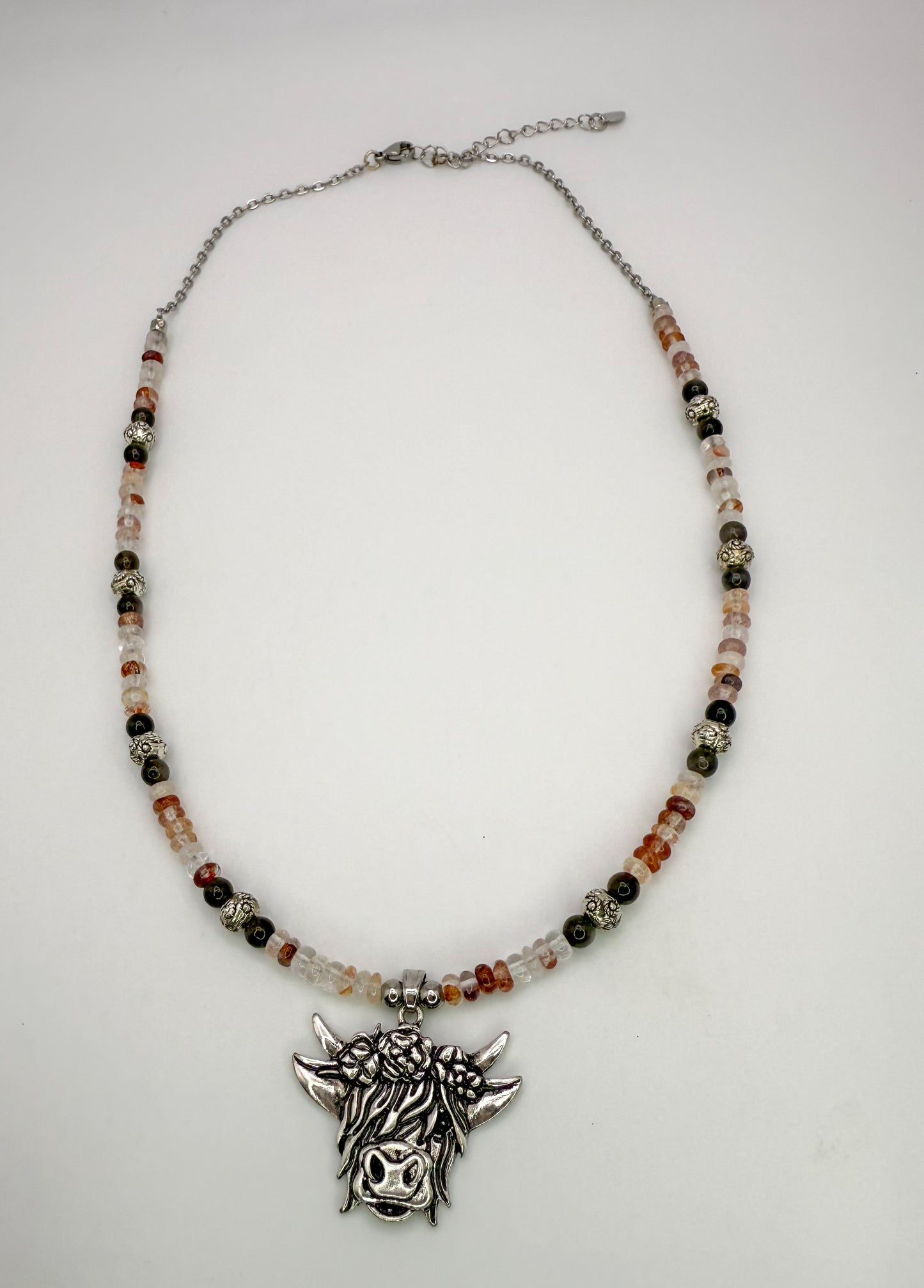 Natural Fire Quartz & Silver Highland Cow Pendant Necklace