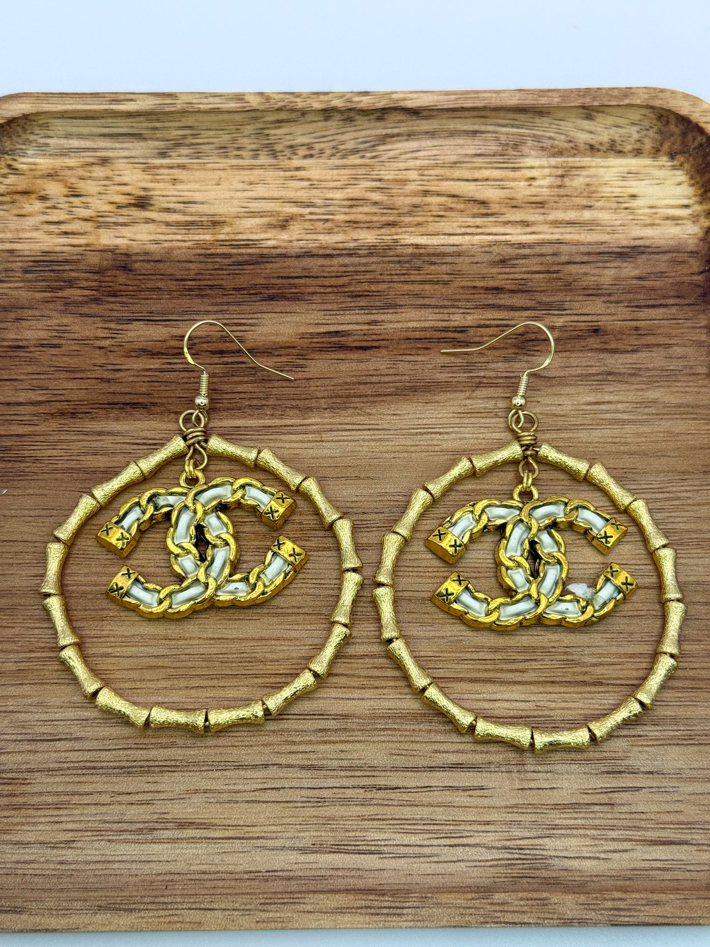 Gold Bamboo CC Designer Hoop Earrings