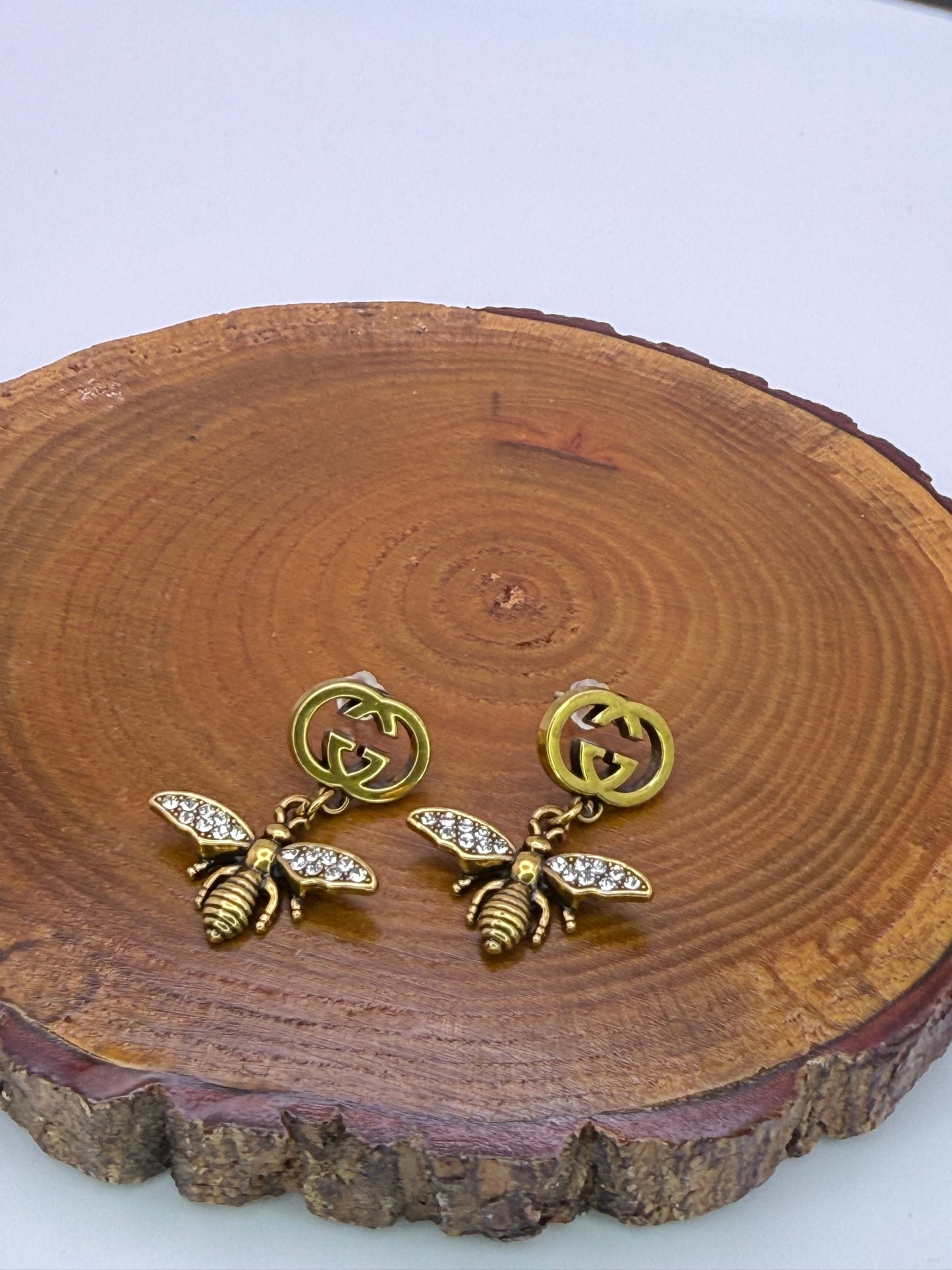 Antique Gold GG Designer Bumble Bee Stud Earrings