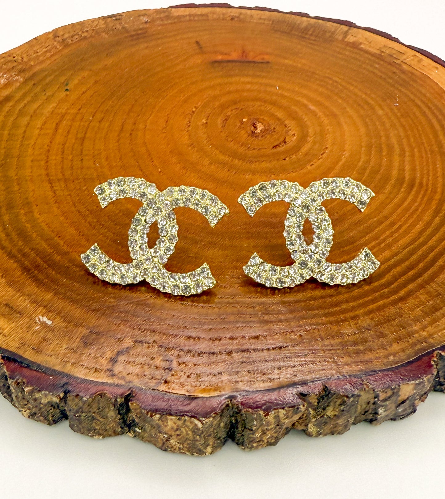 Gold CC Statement Bling Stud Earrings