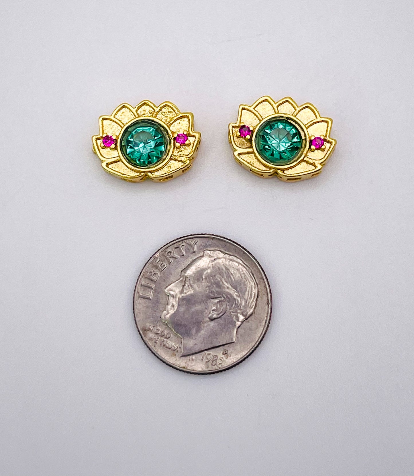 Gold Lotus Charm Bead with Big Green & Micro Pave Red Zircon Gems