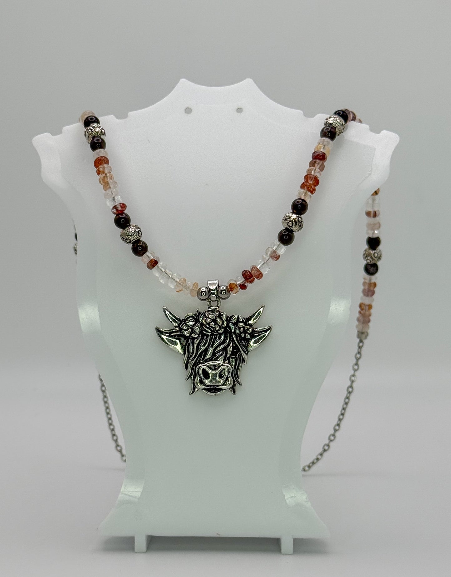 Natural Fire Quartz & Silver Highland Cow Pendant Necklace