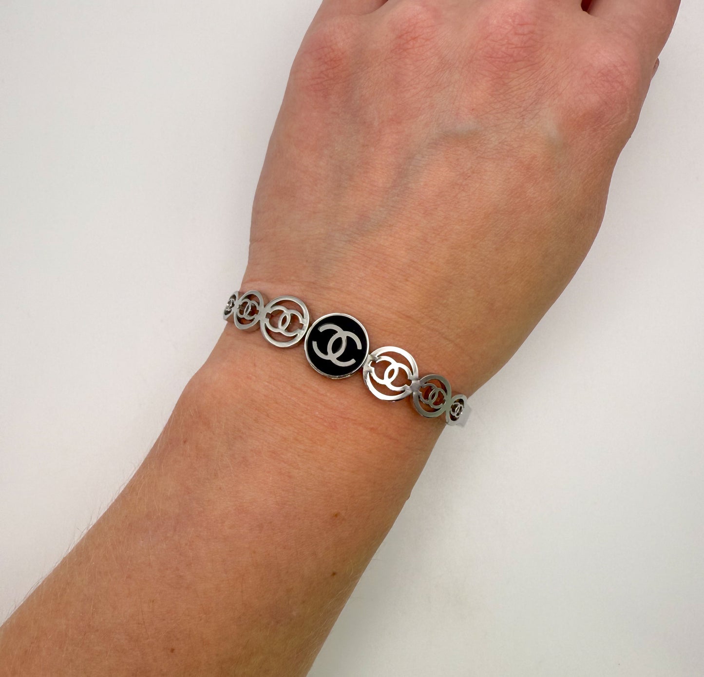 Silver CC Open Front Bangle Bracelet