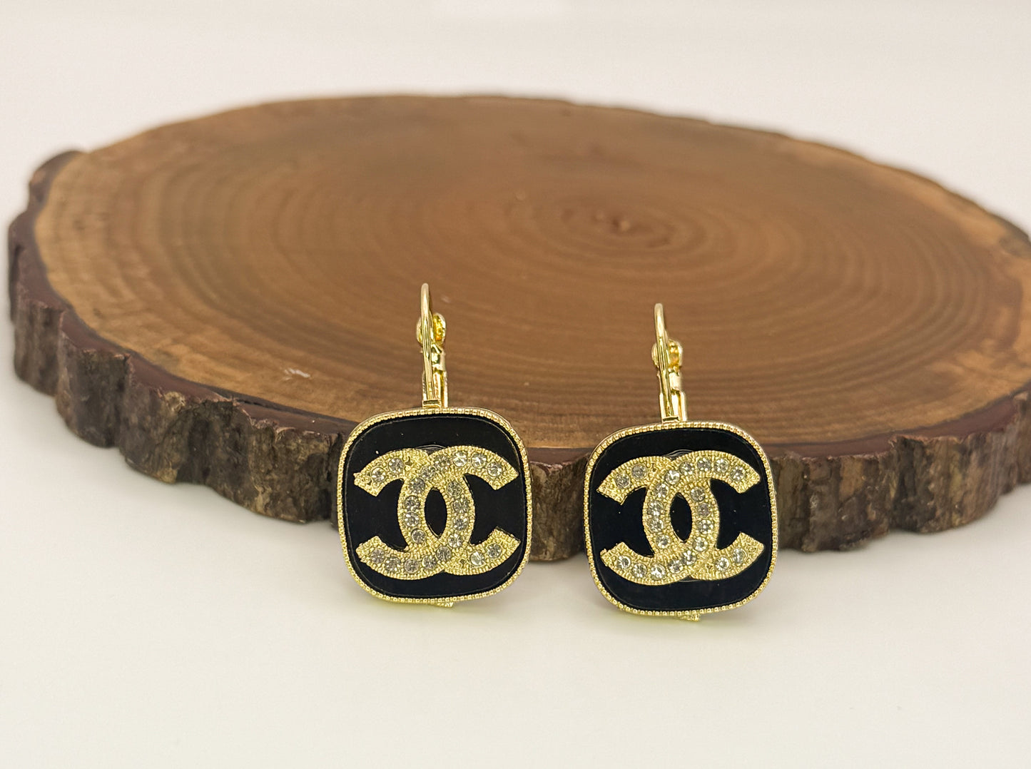 Gold w/ Black Enamel CC Designer Drop Earrings