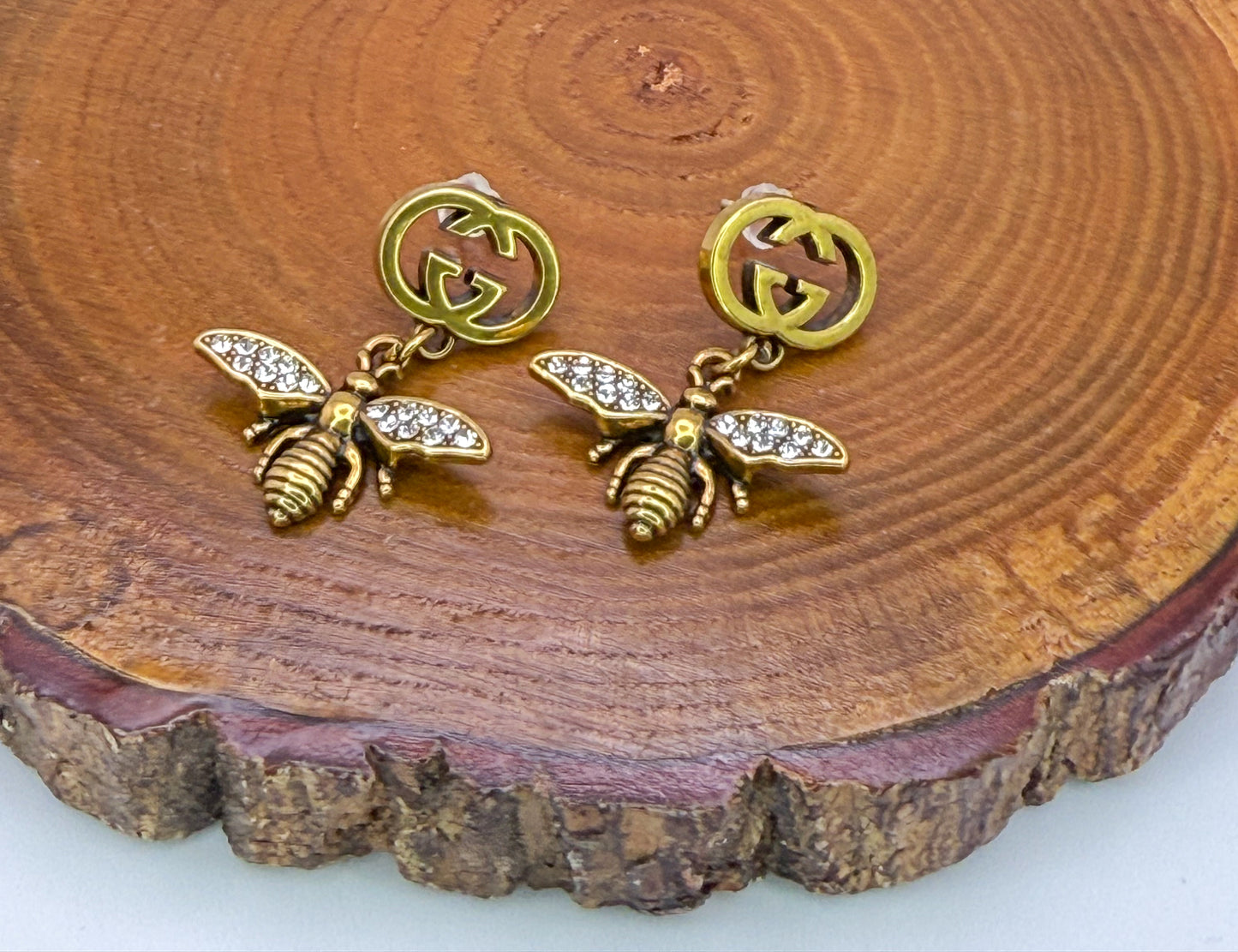 Antique Gold GG Designer Bumble Bee Stud Earrings