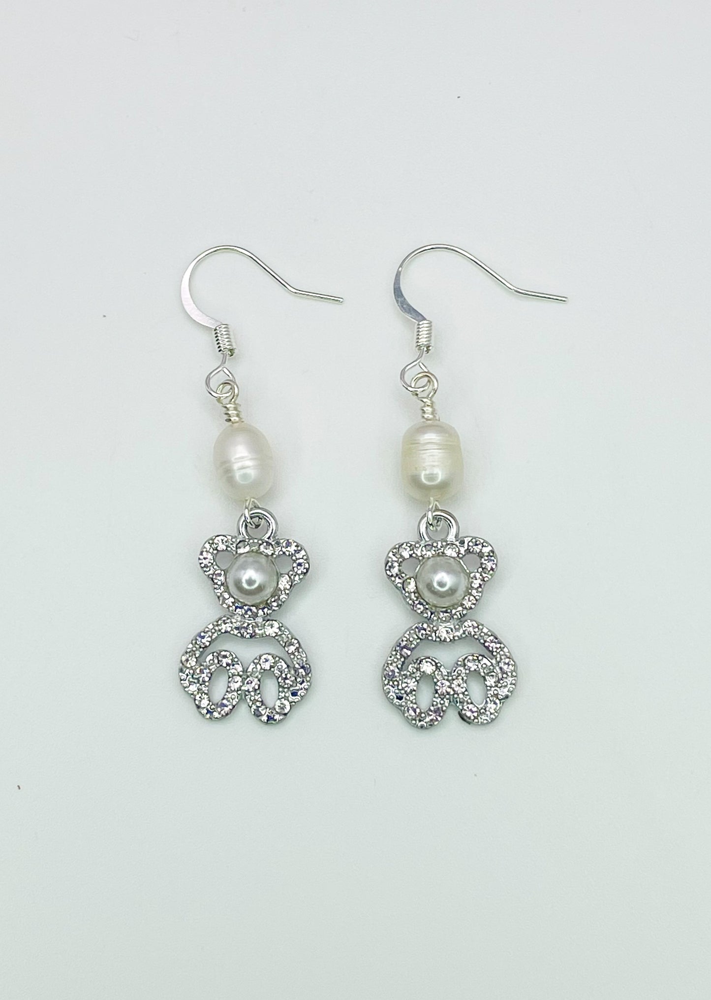 Silver Pearl Teddy Bear Earrings