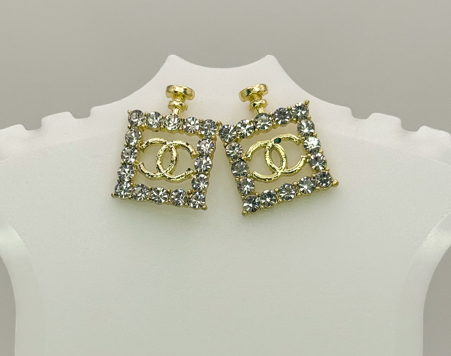 Gold CC Designer Perfume Bottle Stud Earrings