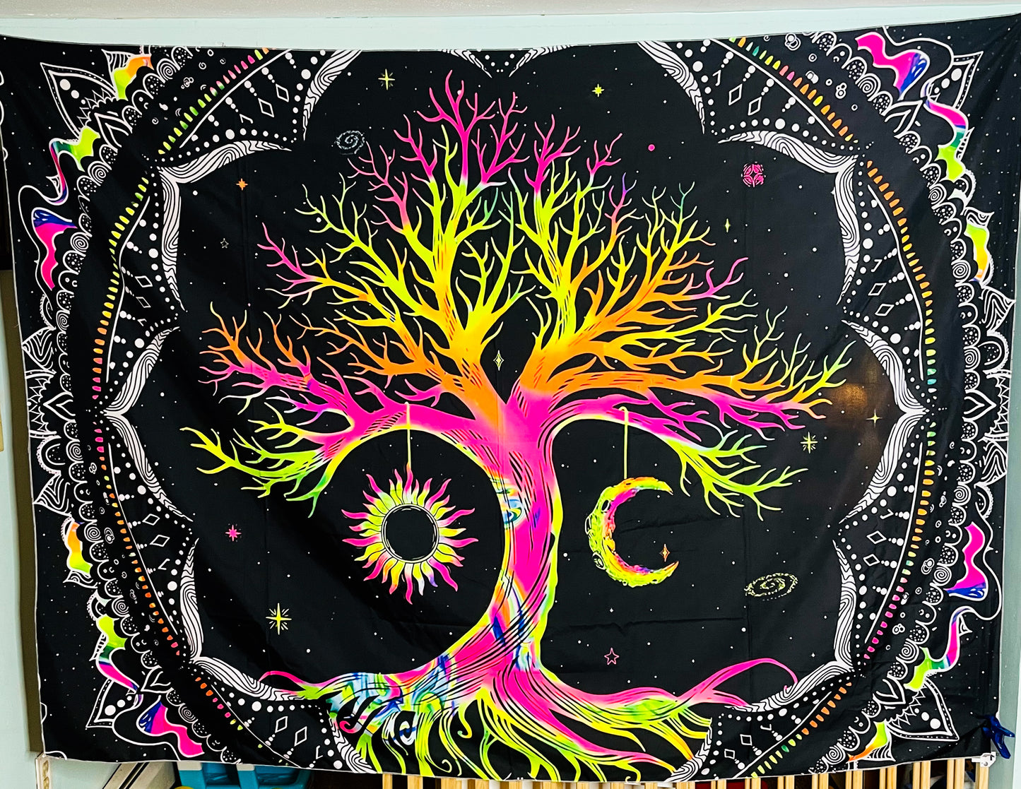 UV Blacklight Reactive Glow in the Dark Tree of Life Sun & Moon Tapestry