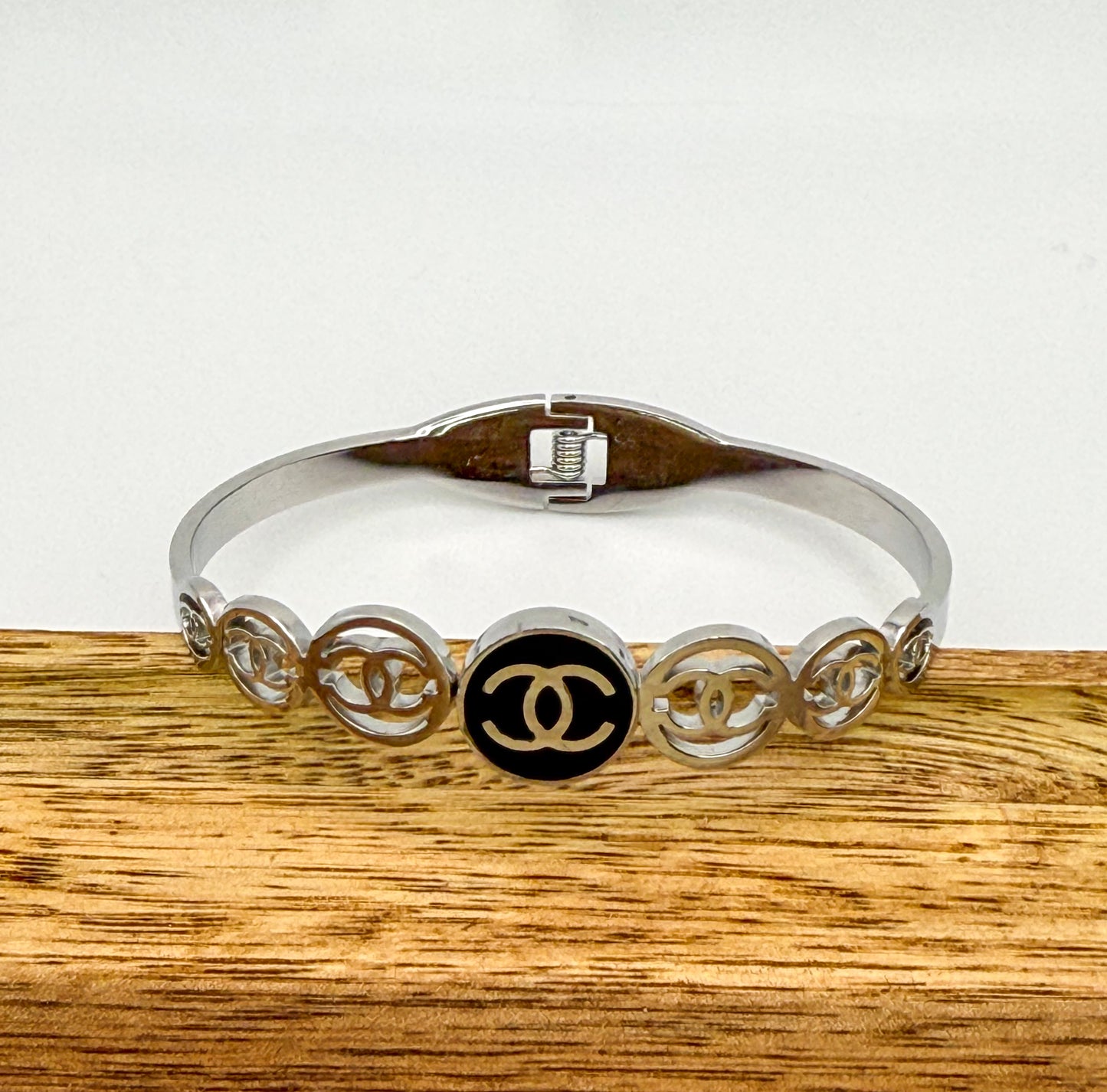 Silver CC Open Front Bangle Bracelet