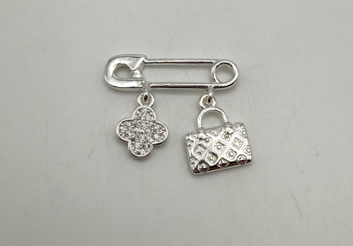 LV Inspired Clover & Purse Silver or Gold Safety Pin Dangle Charm Pendant